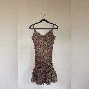 Brown Floral Mini Slip Dress with Ruffle Hem